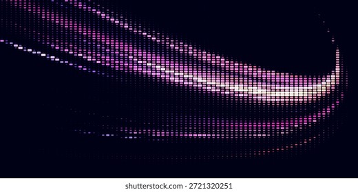 Abstractas fondo futurista con una vibrante onda de punto de semitono en tonos púrpura, rosa y magenta sobre un fondo oscuro. El brillante patrón curvo crea una sensación dinámica de movimiento