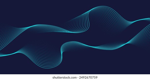 Abstract futuristic background with flowing dot particles wave pattern in blue green gradient colors. Vector illustration for modern music, technology, science banner
