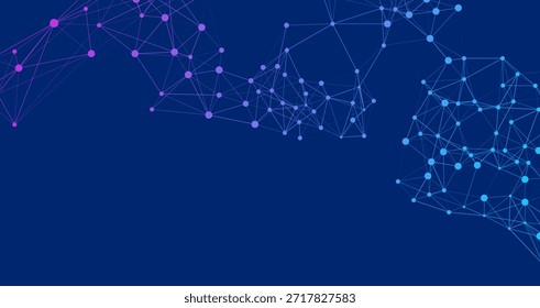 Fundo futurista abstrato com uma rede fluente de nós e linhas conectados. Um plexo colorido de gradiente rosa a azul representando dados e tecnologia.