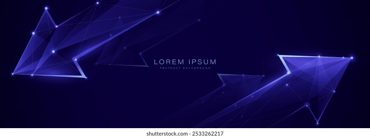 Fundo futurista abstrato com setas geométricas, pontos brilhantes e conexões digitais em tons roxos e escuros