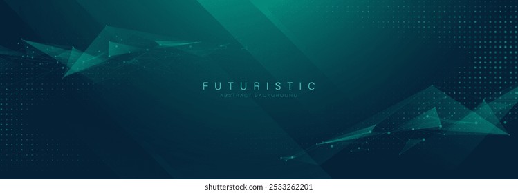 Fundo futurista abstrato com formas geométricas, linhas e conexões digitais em tons escuros e azuis