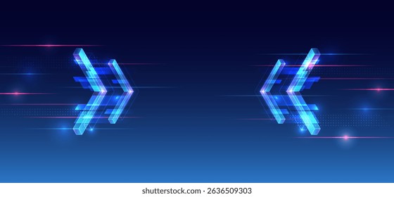 Abstract futuristic background with glowing 3D arrows and motion blur effects on dark blue gradient. Perfect for technology, digital transformation or innovative concepts. For banner and presentation