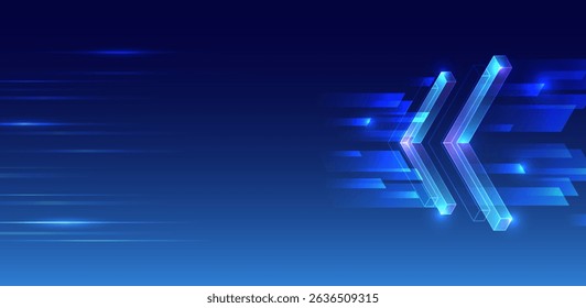 Abstract futuristic background with glowing 3D arrows and motion blur effects on dark blue gradient. Perfect for technology, digital transformation or innovative concepts. For banner and presentation