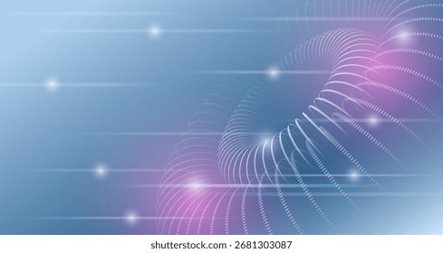 Fundo futurista abstrato com pontos em forma de anel em 3D brilhantes, linhas onduladas curvas e efeitos de luz azul e roxo gradiente. Um conceito de design para tecnologias digitais modernas.