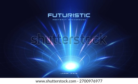 Abstract futuristic background with glowing blue digital wormhole. Technology and data transfer concept.