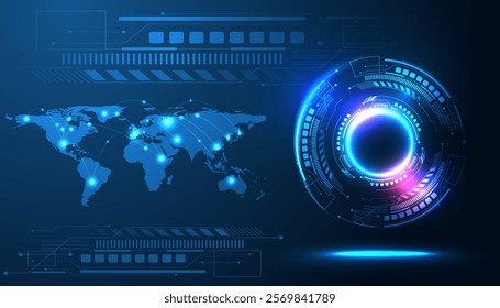 Abstract futuristic background with a glowing circle and world map. Perfect for technology, AI, and global connectivity concepts.