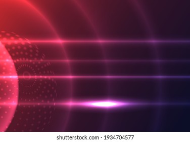 Abstrakter futuristischer Hintergrund mit leuchtenden Kreisen, hellen Punkten und Linien auf dunkelrotem Hintergrund.