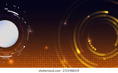 Abstractas fondo futurista con brillantes Elementos circulares, anillos digitales y patrones punteados en tonos naranja y dorado, que simbolizan la tecnología, el procesamiento de datos, la innovación y las interfaces modernas.