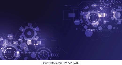 Abstract futuristic background with glowing digital gear shapes, circuit lines, and geometric patterns in modern technology style.