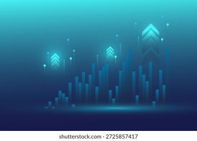 Abstract futuristic background with a glowing digital bar chart and upward-pointing arrows. Concept of financial growth, stock market success, and data analysis.