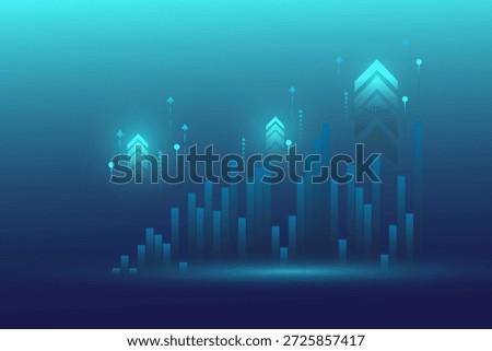 Abstract futuristic background with a glowing digital bar chart and upward-pointing arrows. Concept of financial growth, stock market success, and data analysis.