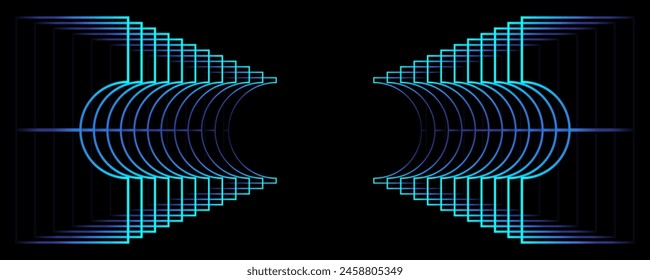 Abstrakter futuristischer Hintergrund mit leuchtenden geometrischen Perspektivrechtecken Linienrahmen-Überlagerungsmuster. Modernes glänzend blaugrünes Gradienten-3D-Technologiekonzept. Vektorillustration
