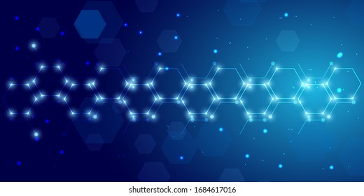 Abstract futuristic background with glowing hexagon and blue sparkle effect.