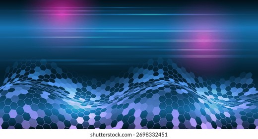 Abstract futuristic background with glowing hexagonal grid, blue and purple gradient light effects. Modern digital technology concept for data, and innovation design.