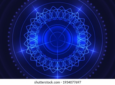 Abstract futuristic background. Glowing openwork pattern. Bright dots and lines on a blue background.