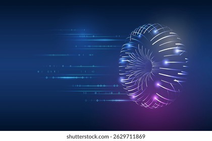 Fundo futurista abstrato com estrutura toroidal brilhante. Conceito de fluxo de dados. Linhas dinâmicas e código binário. Tecnologias digitais, megadados. Perfeito para banner de segurança cibernética, aprendizagem de máquina.