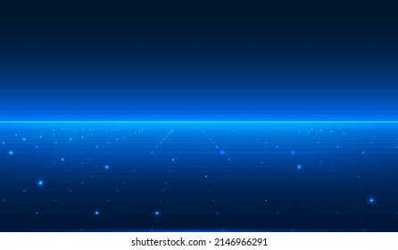 Abstract Futuristic Background of Grid Dots, Lines Perspective Floor With Blue Horizontal Alignment Digital Data Network Transfer Concept Vector Illustration.