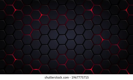 Abstract Futuristic background with hexagons . dark sci-fi hi-tech wallpaper with red lights .