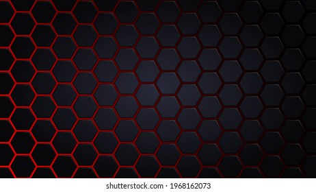 Abstract Futuristic background with hexagons . dark sci-fi hi-tech wallpaper with red lights .