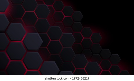 Abstract Futuristic background with hexagons . dark sci-fi hi-tech wallpaper with red lights .