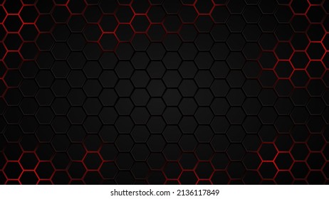 Abstract Futuristic background with hexagons . dark sci-fi hi-tech wallpaper with red lights .