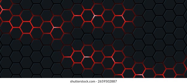 Abstract Futuristic background with hexagons . dark sci-fi hi-tech wallpaper with red lights .
