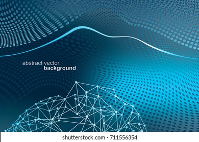 Abstract futuristic background image on the topic of global network communication. Polygonal sphere among waves, lines and points.