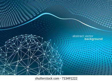 Abstract futuristic background image on the topic of global network communication. Polygonal sphere among waves, lines and points.