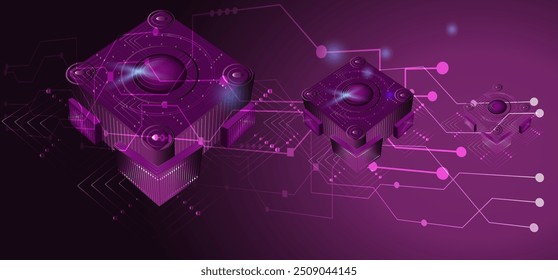  Abstract futuristic background of innovate technologies. Luminous figures on purple background