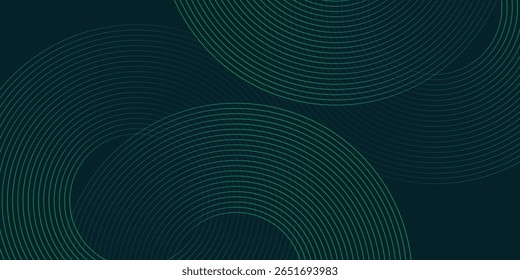 Fundo futurista abstrato com linhas circulares entrelaçadas formando um padrão de estilo yin-yang. Elegante gradiente azul-petróleo escuro com detalhes de traçado verde fino