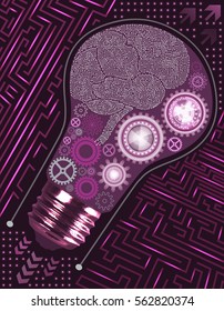 Abstract futuristic background with light bulb, gears and microchip of violet, gray and white shades. Motherboard brain elements