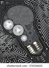 Abstract futuristic background with light bulb, gears and microchip of black, gray and white shades. Motherboard brain elements