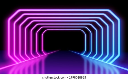 Abstract futuristic background with light effect. Tunnel optical illusion, spaceship corridor, science fiction rocket launching runway or teleport illuminating fluorescent neon light.