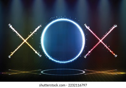 abstract futuristic background of neon circle and cross stage background