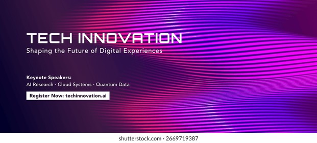 Abstract futuristic background with neon gradient wave lines in purple and pink tones, perfect for digital design, music visuals, and modern technology concepts.