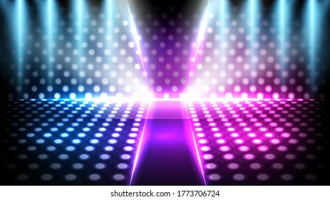 abstract futuristic background of neon square frame and lighting spotlgiht stage background