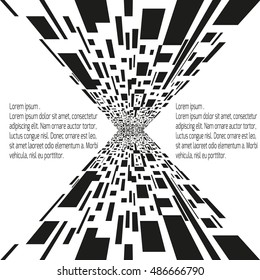 Abstract futuristic background of perspective surfaces with tiles of random black rectangles, 3d render illustration.