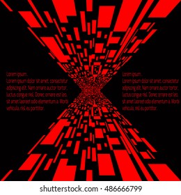 Abstract futuristic background of perspective surfaces with tiles of random red rectangles, 3d render illustration.