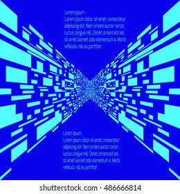 Abstract futuristic background of perspective surfaces with tiles of random blue rectangles, 3d render illustration.