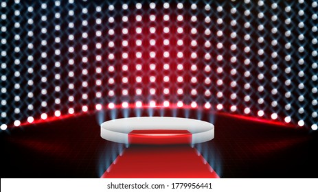 abstract futuristic background of red empty stage Stairs covered with red carpet and lighting spotlgiht stage background