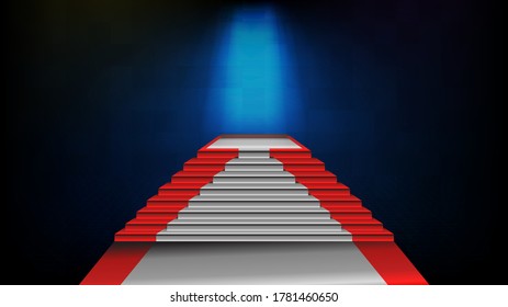 abstract futuristic background of red empty stage step Stairs covered with white carpet and lighting spotlgiht stage background, key to success concept