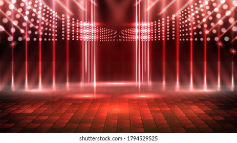 abstract futuristic background of red empty stage and neon lighting spotlgiht stage background