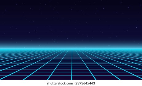 Abstract futuristic background in retro style. Digital perspective grid landscape of the 80s. Wireframe vector blue illustration.