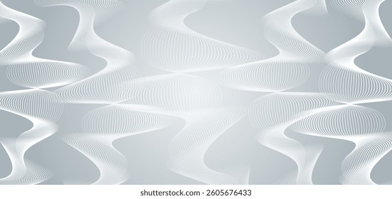 Abstract futuristic background with smooth wavy lines and glowing elements. Elegant grey gradient creates a technological, digital and innovative atmosphere. Great for design banner, presentation.
