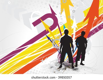 Abstract futuristic background with standing funky boy. Vector illustration.