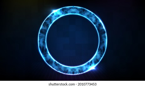 abstract futuristic background of technology neon circle frame with smoke 