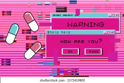 Abstract futuristic background in Vaporwave and Synthwave 80s-90s neon aesthetics style. Glitched computer or TV screen with VHS video artifacts.