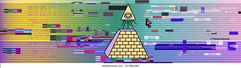 Abstract futuristic background in Vaporwave and Synthwave 80s-90s neon aesthetics style. Glitched computer or TV screen with VHS video artifacts.