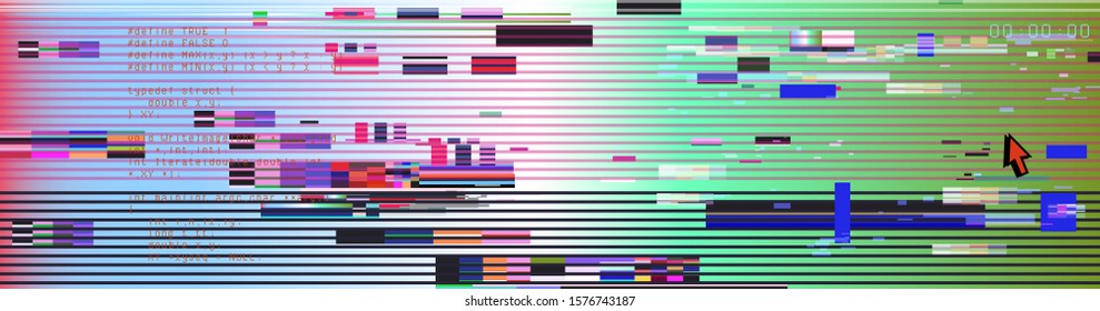 Abstract futuristic background in Vaporwave and Synthwave 80s-90s neon aesthetics style. Glitched computer or TV screen with VHS video artifacts.