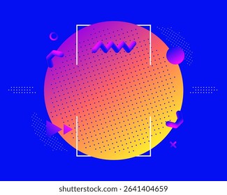 Abstract futuristic background with vibrant gradient circle, geometric shapes, and dotted elements on a vivid blue backdrop